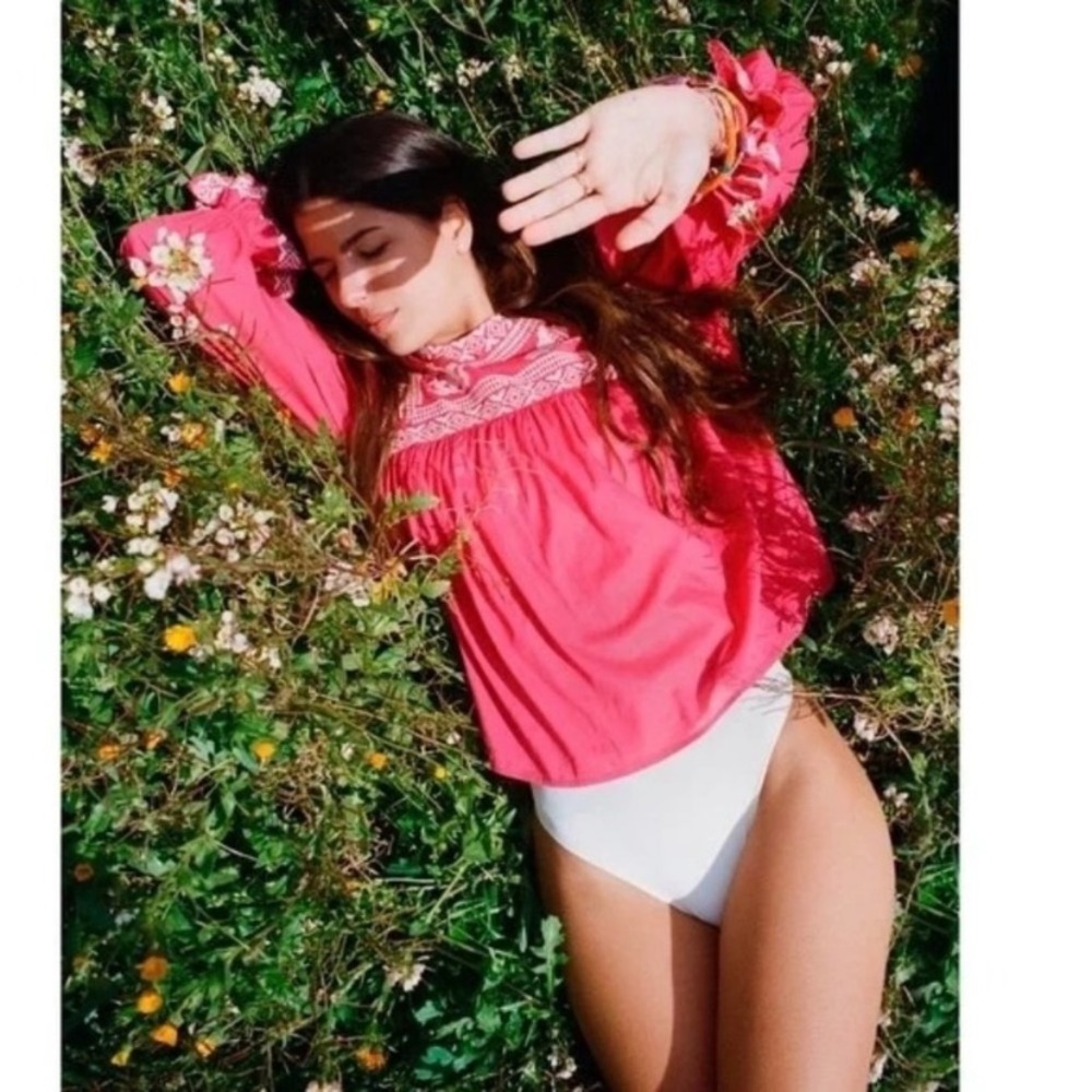 Zara Woman Summer Blouse Top With Contrasting Embroidered Embroidery Pink NWT L